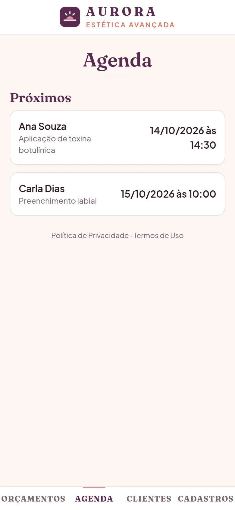 Agenda com a identidade da clínica fictícia Aurora