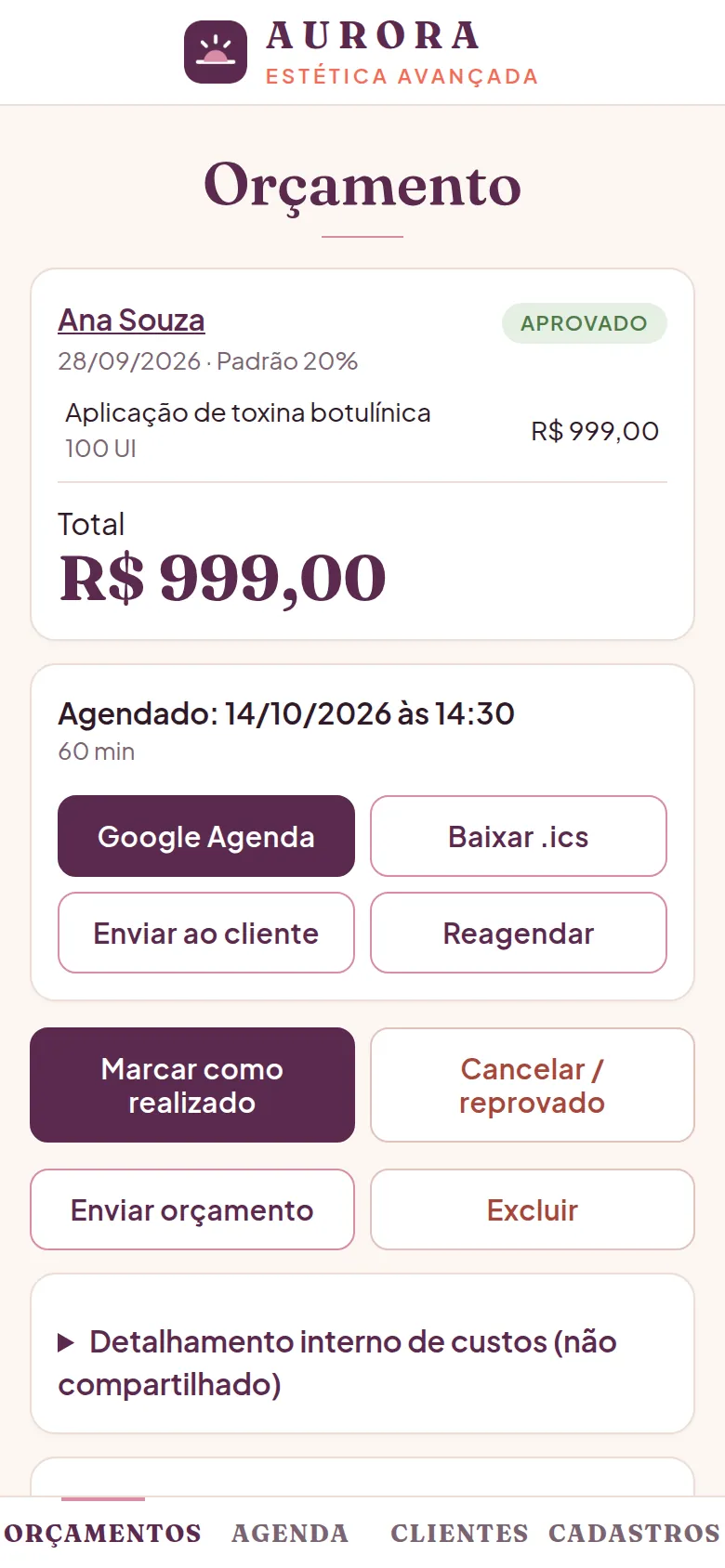 Orçamento com a identidade da clínica fictícia Aurora