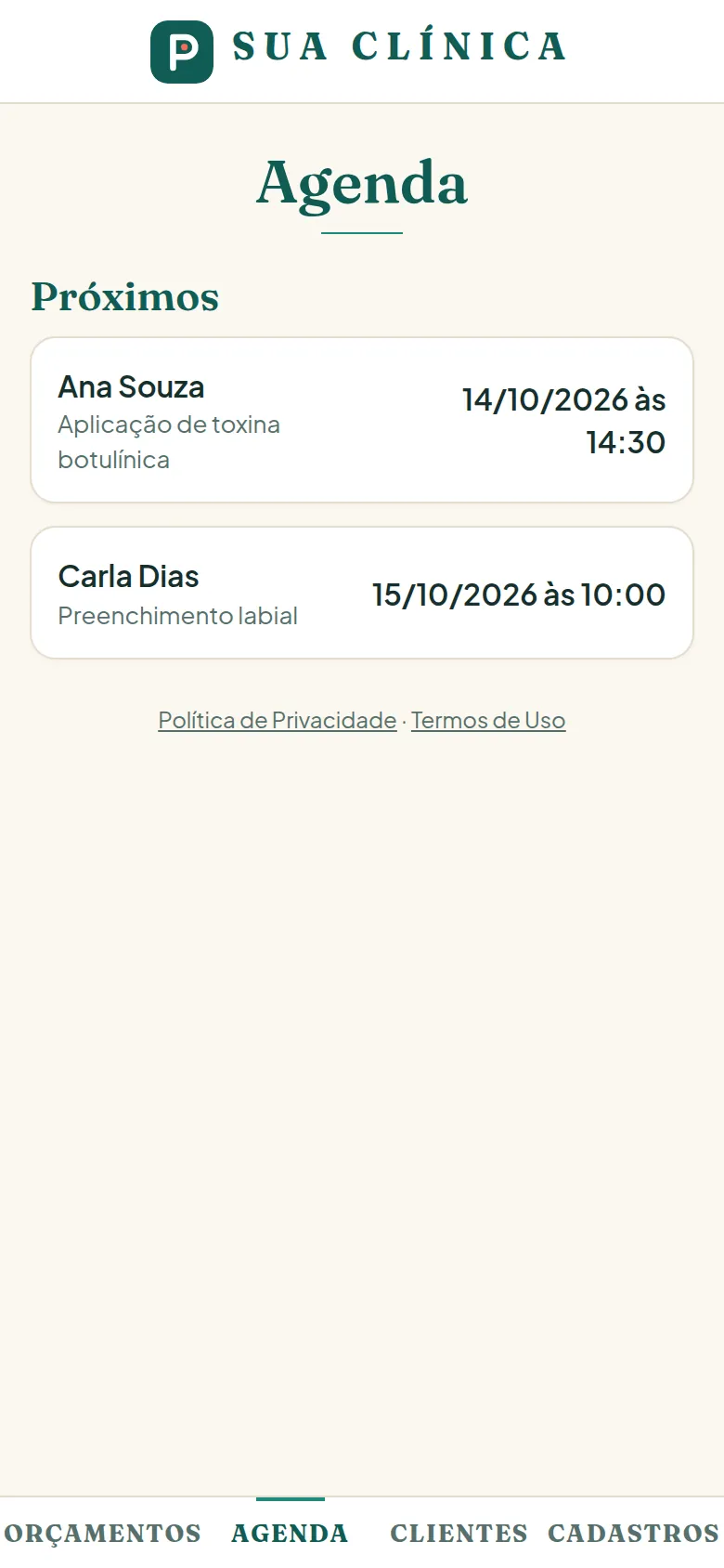 Tela de agenda com os próximos procedimentos