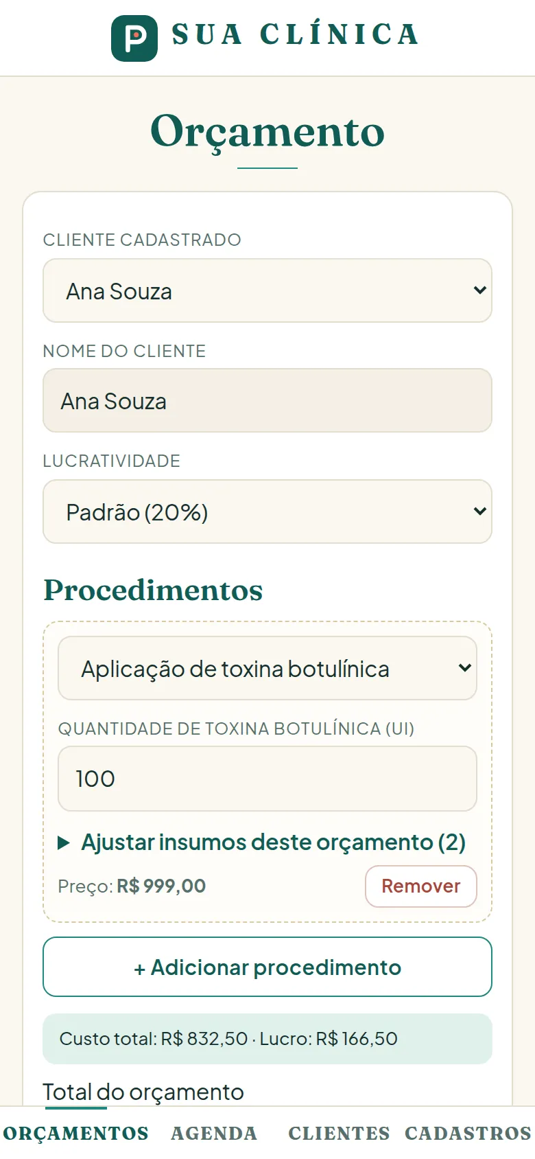 Tela de novo orçamento com lucratividade e total