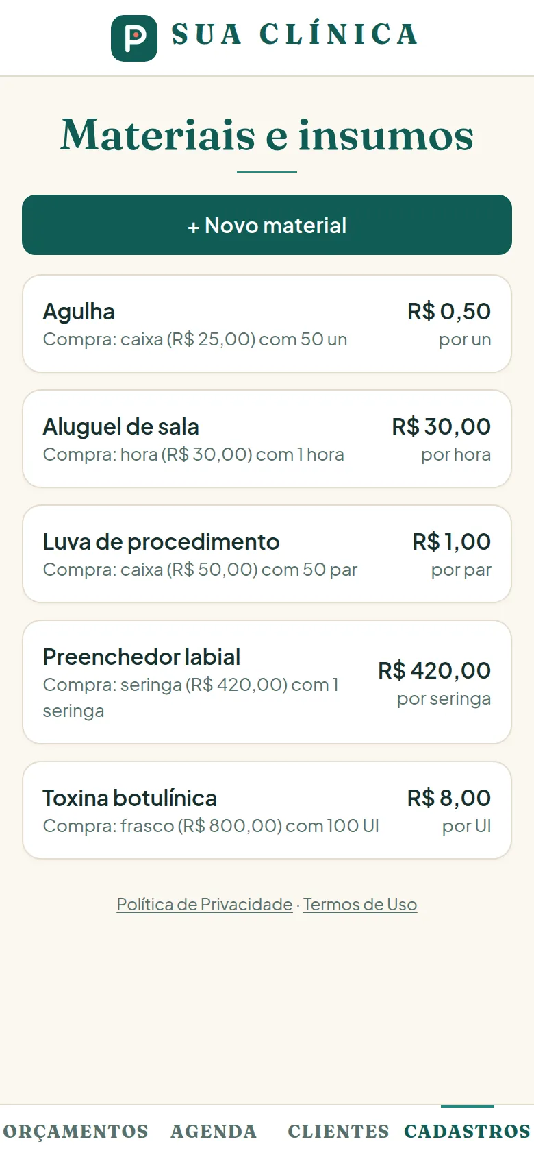 Lista de materiais com o custo de cada unidade
