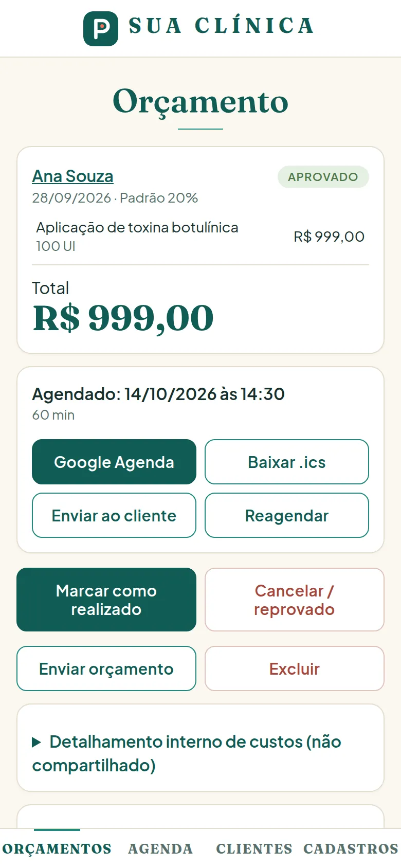 Tela de orçamento do Precifácil mostrando o total de R$ 999,00 para a cliente Ana Souza