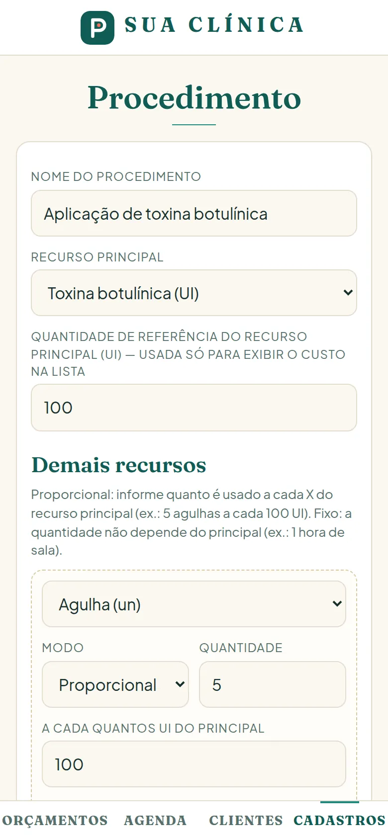Tela de procedimento com recurso principal e itens proporcionais